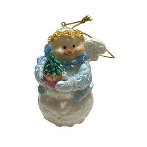 Christmas Chubby Snowman Angel Figurine Ornament With Tree 3"H